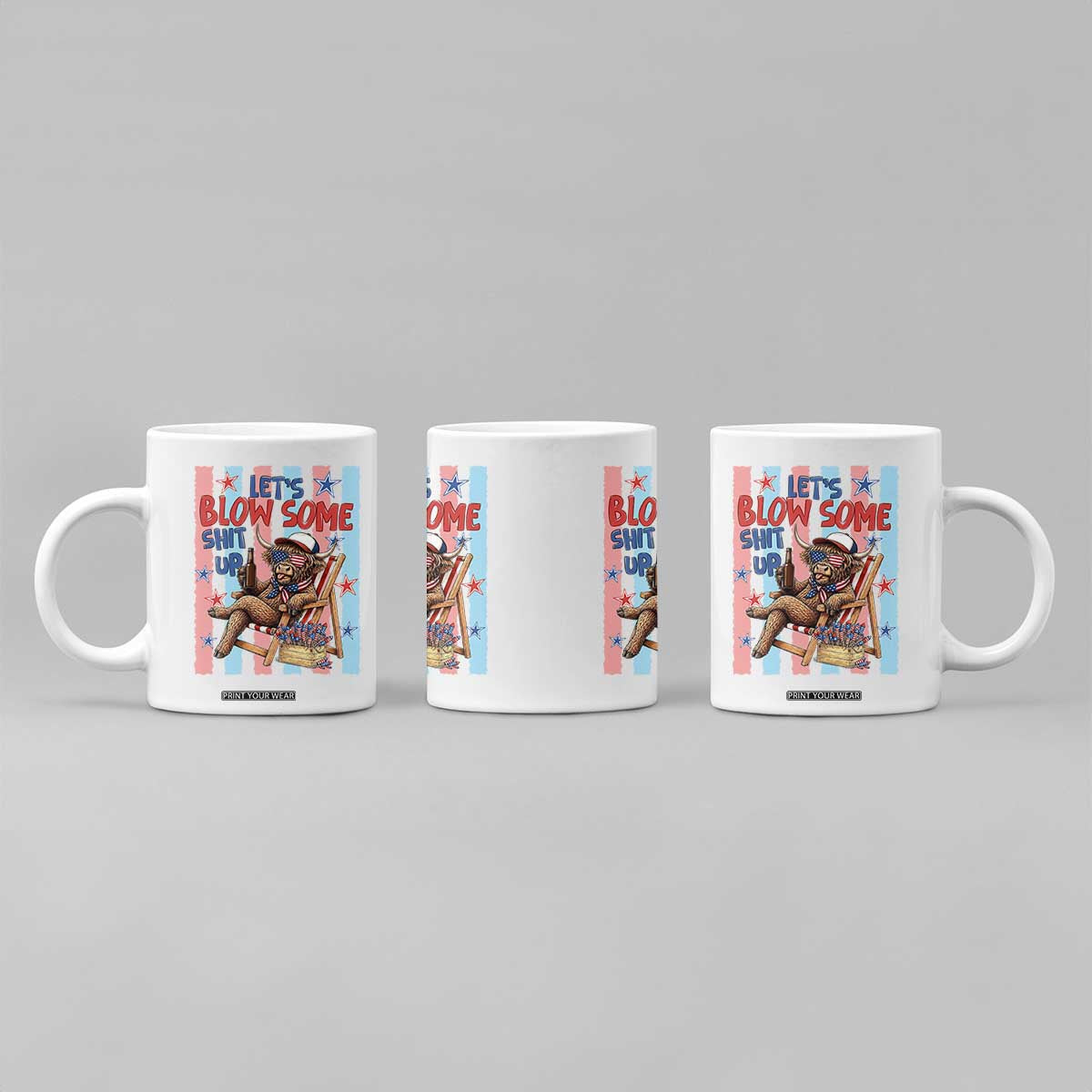 Funny Patriotic Highland Cow Coffee Mug 4th Of July Fireworks Celebration