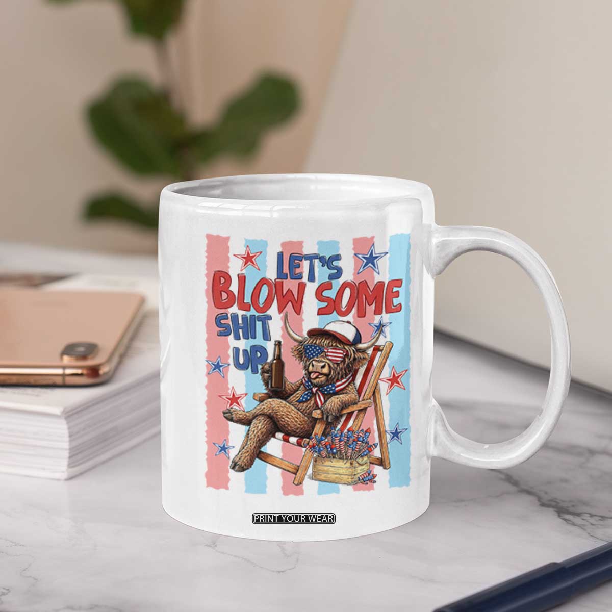 Funny Patriotic Highland Cow Coffee Mug 4th Of July Fireworks Celebration