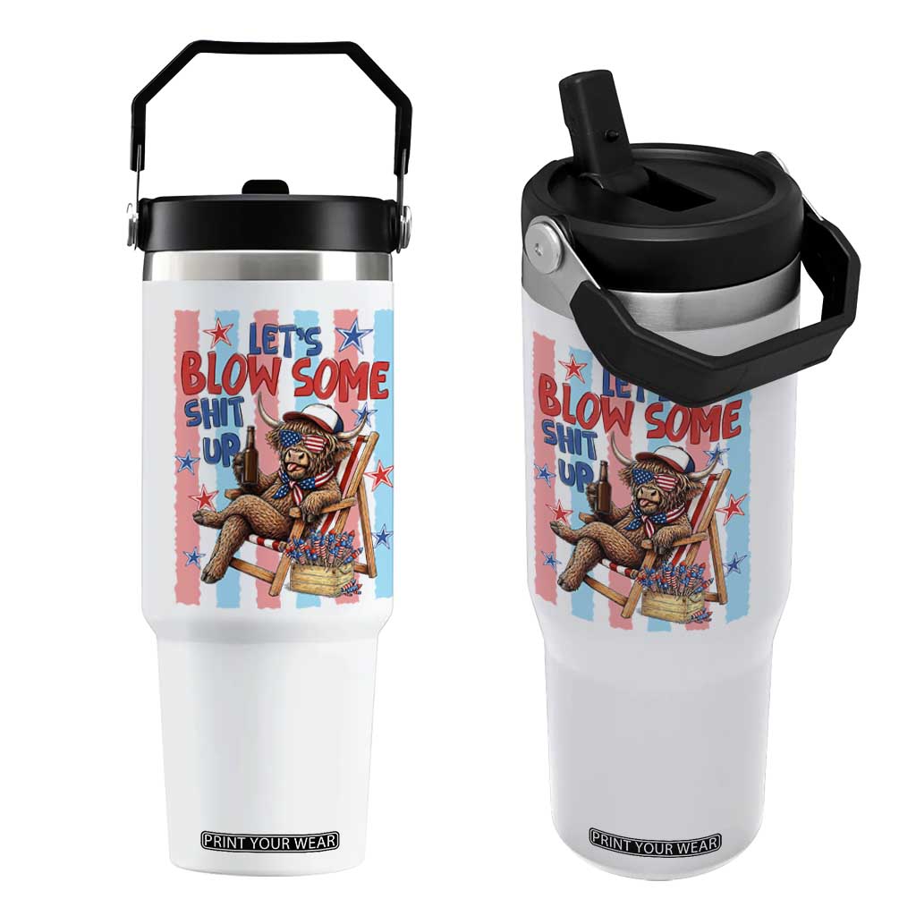 Funny Patriotic Highland Cow Flip Straw Tumbler 4th Of July Fireworks Celebration