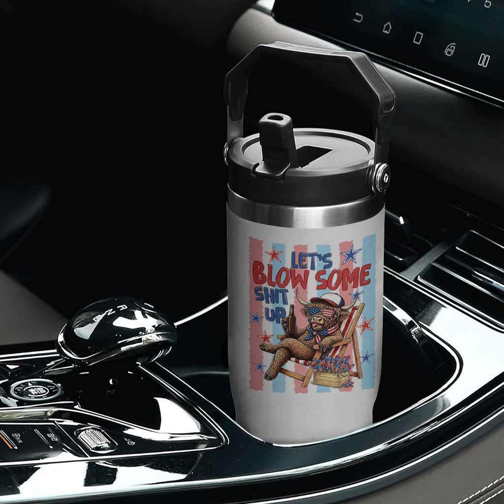 Funny Patriotic Highland Cow Flip Straw Tumbler 4th Of July Fireworks Celebration