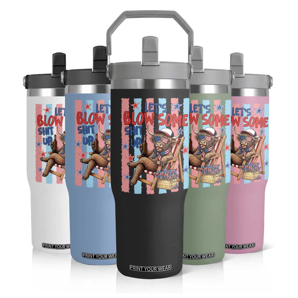 Funny Patriotic Highland Cow Flip Straw Tumbler 4th Of July Fireworks Celebration