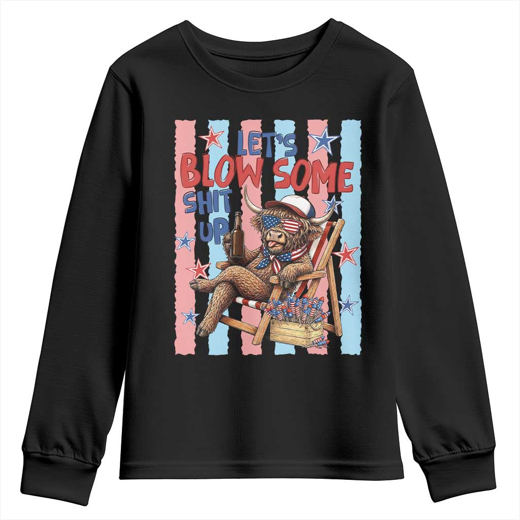 Funny Patriotic Highland Cow Youth Sweatshirt 4th Of July Fireworks Celebration