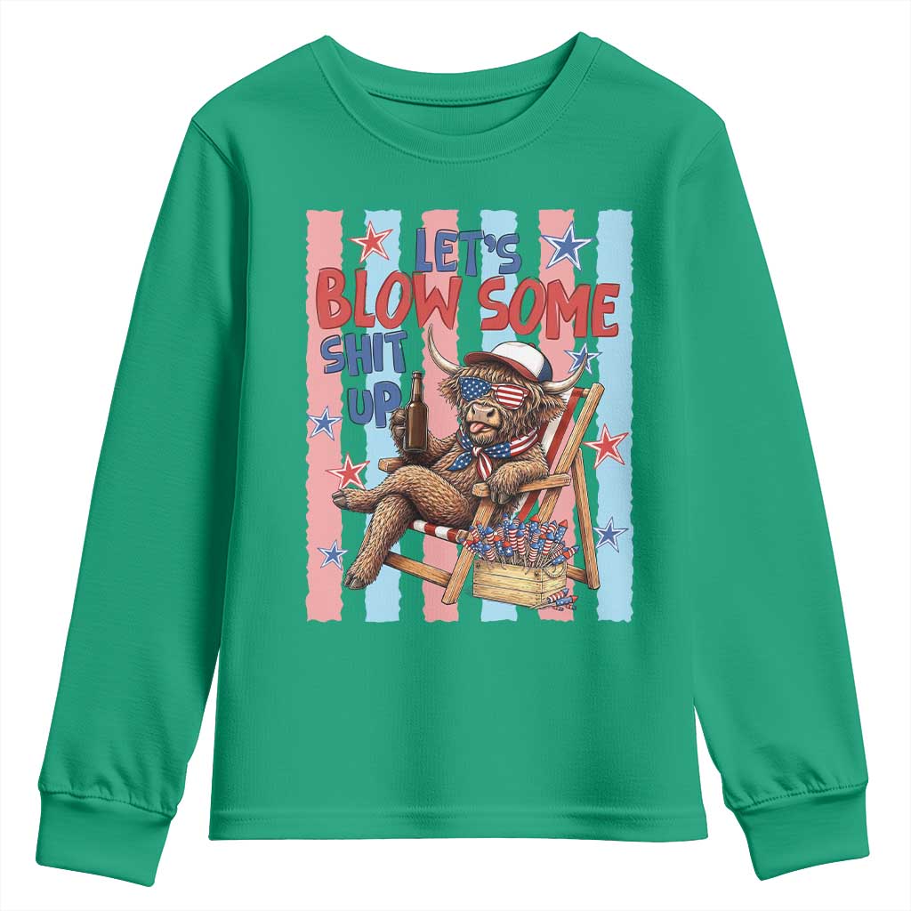 Funny Patriotic Highland Cow Youth Sweatshirt 4th Of July Fireworks Celebration