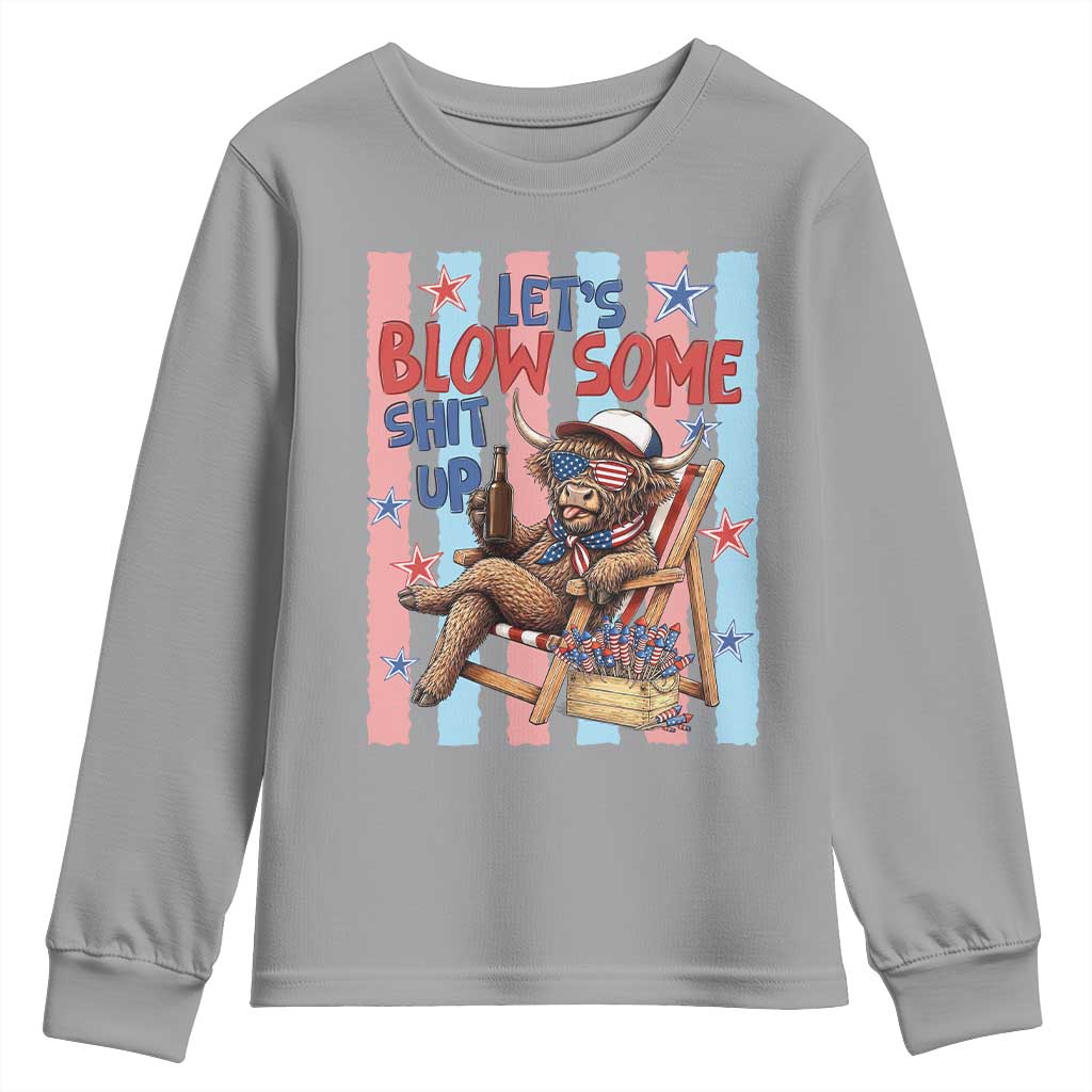 Funny Patriotic Highland Cow Youth Sweatshirt 4th Of July Fireworks Celebration