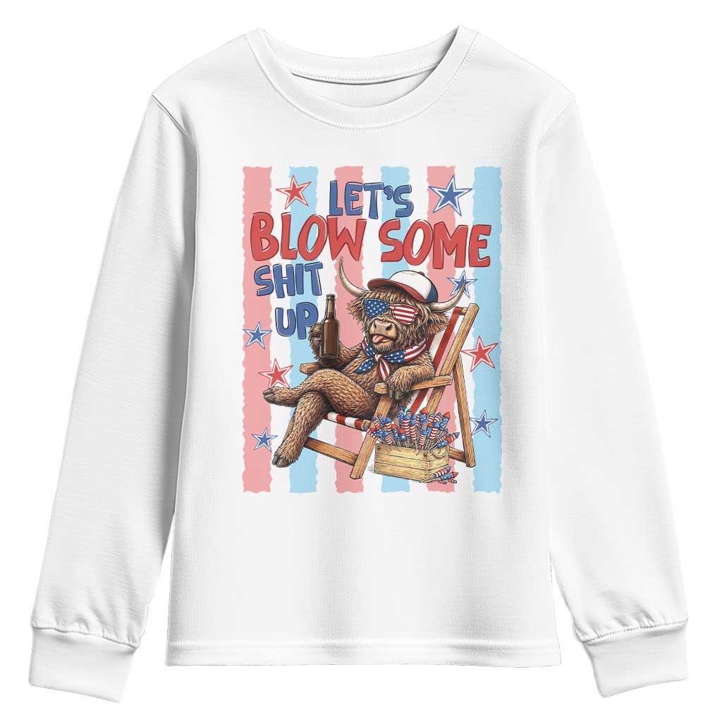 Funny Patriotic Highland Cow Youth Sweatshirt 4th Of July Fireworks Celebration TS12 White Print Your Wear