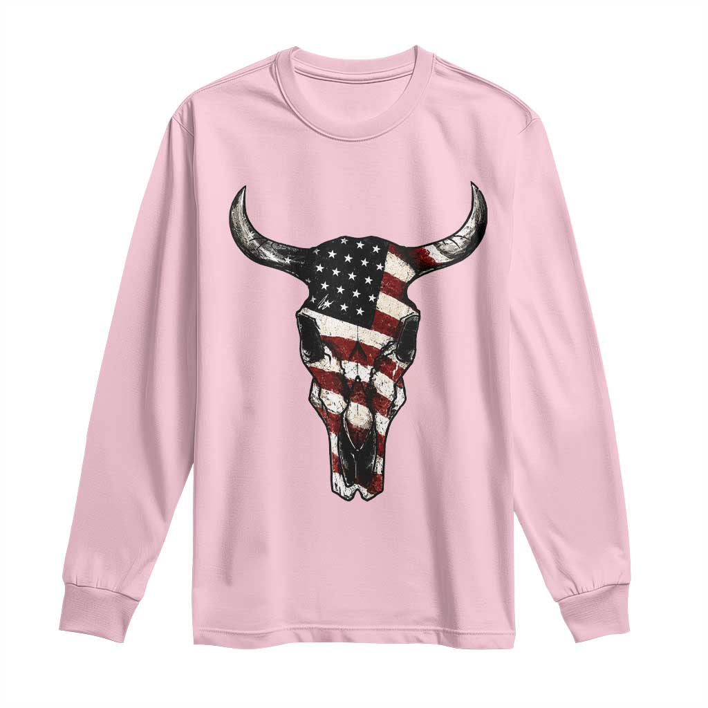 Vintage Western Cow Skull Usa Flag Long Sleeve Shirt Patriotic American Pride