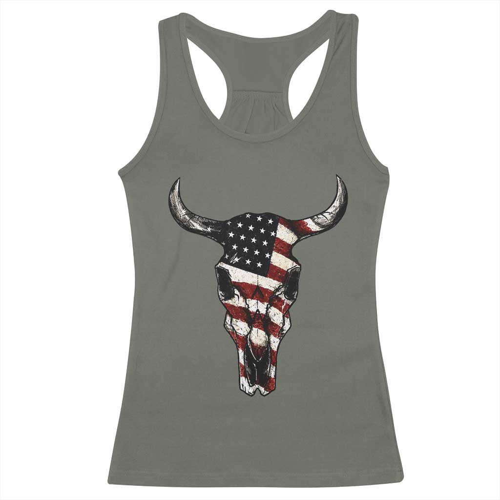 Vintage Western Cow Skull Usa Flag Racerback Tank Top Patriotic American Pride
