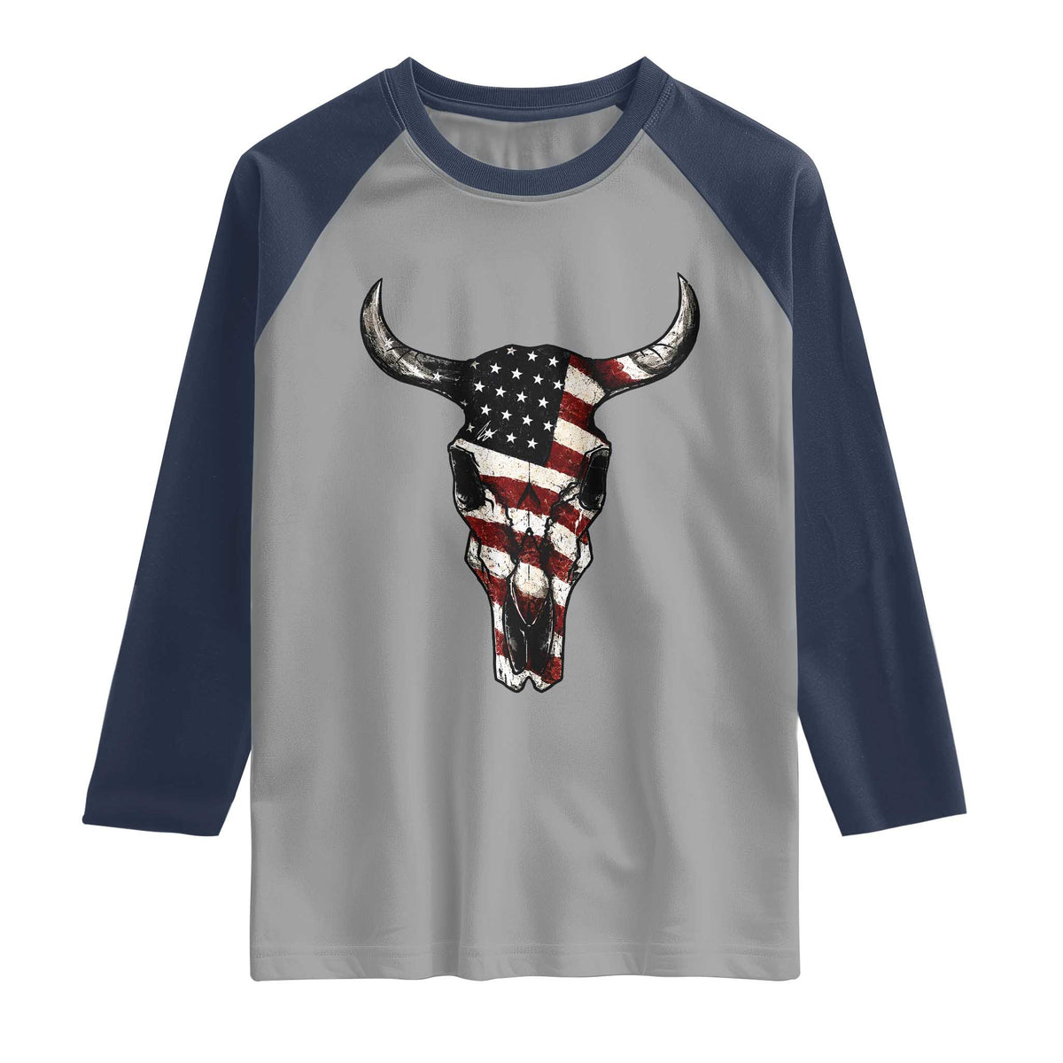 Vintage Western Cow Skull Usa Flag Raglan Shirt Patriotic American Pride