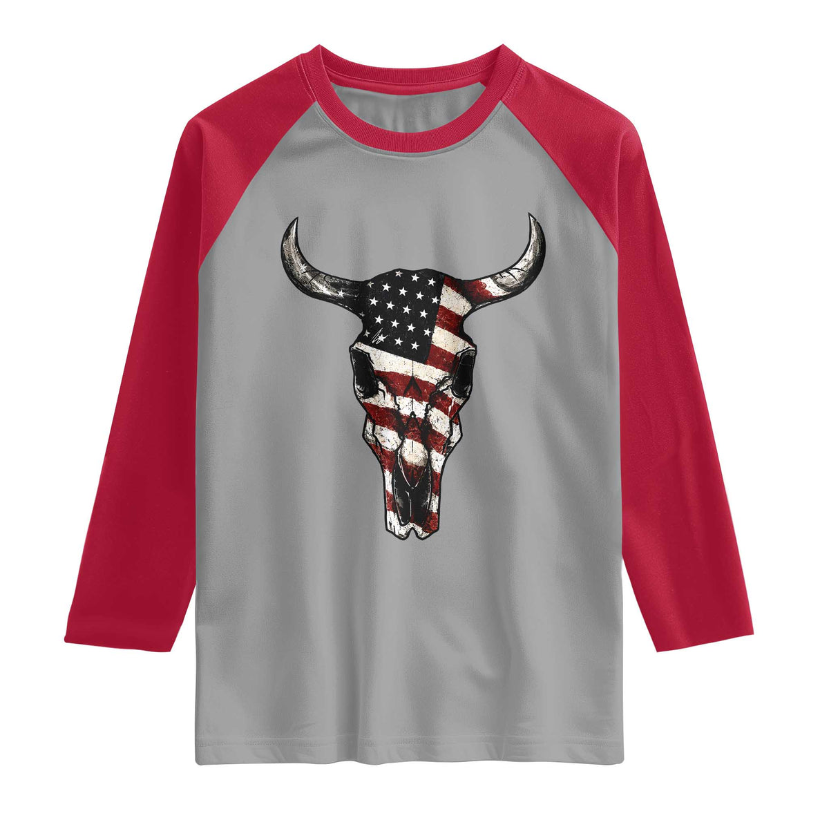Vintage Western Cow Skull Usa Flag Raglan Shirt Patriotic American Pride