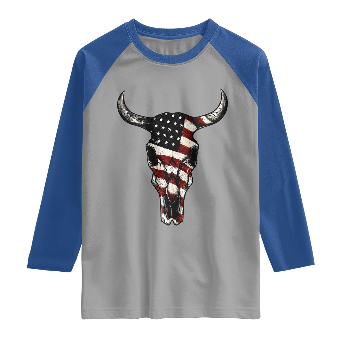 Vintage Western Cow Skull Usa Flag Raglan Shirt Patriotic American Pride