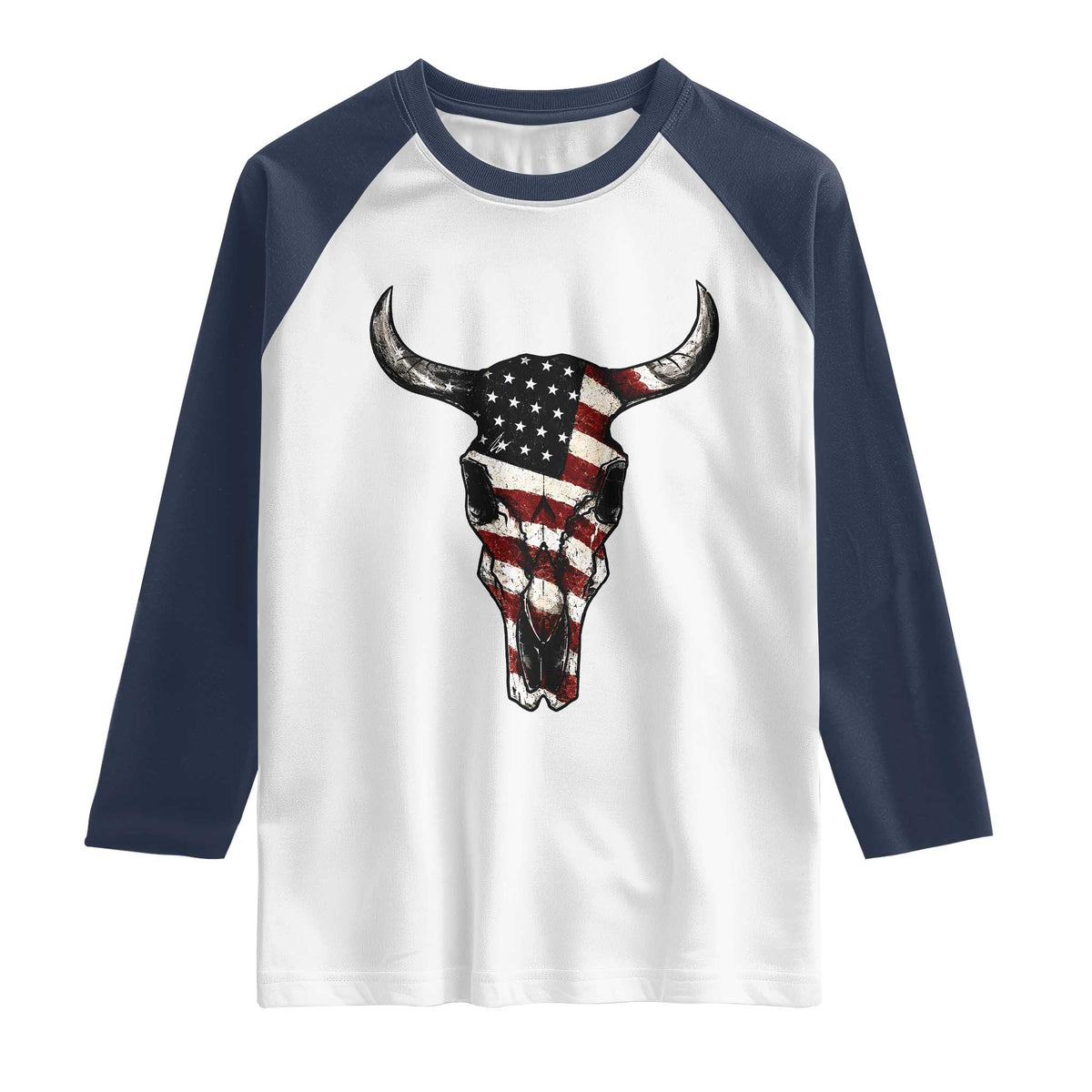 Vintage Western Cow Skull Usa Flag Raglan Shirt Patriotic American Pride