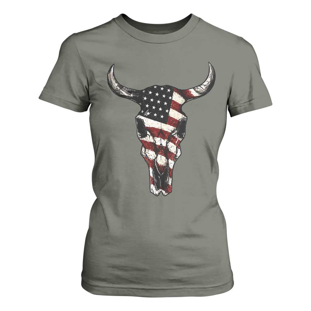 Vintage Western Cow Skull Usa Flag T Shirt For Women Patriotic American Pride TS12 Military Green Print Your Wear