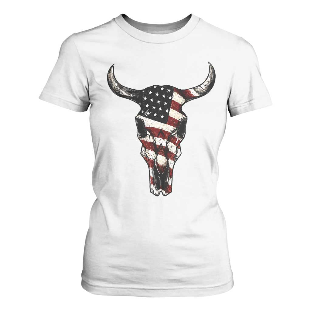 Vintage Western Cow Skull Usa Flag T Shirt For Women Patriotic American Pride TS12 White Print Your Wear