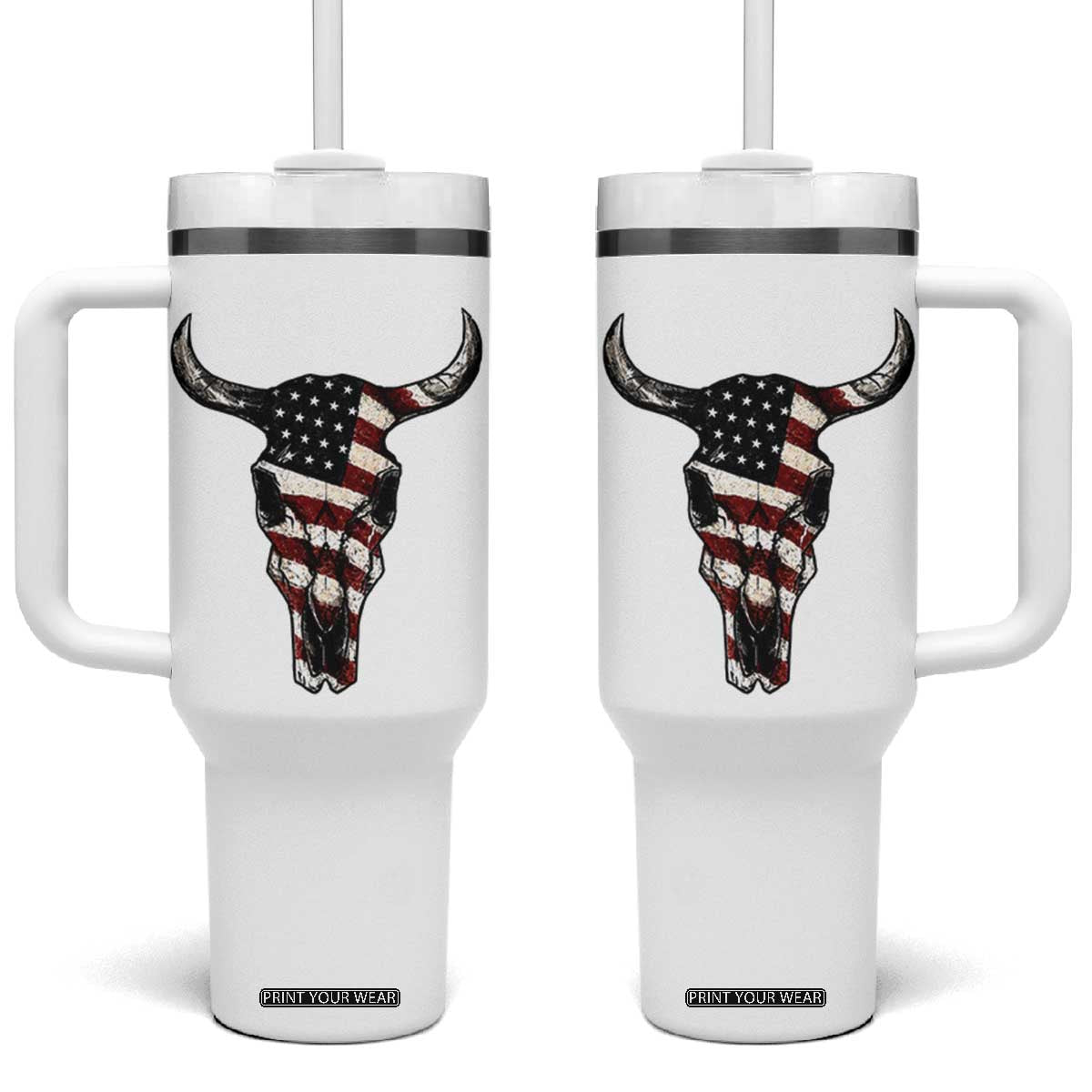 Vintage Western Cow Skull Usa Flag Tumbler With Handle Patriotic American Pride