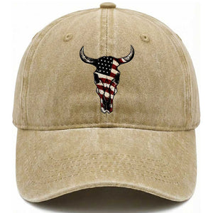 Vintage Western Cow Skull Usa Flag Washed Cotton Baseball Cap Patriotic American Pride