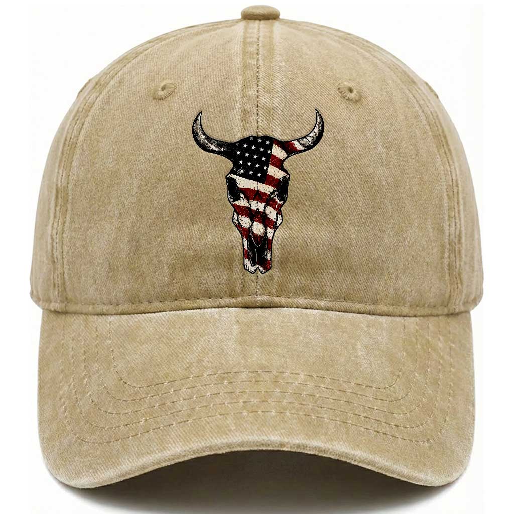 Vintage Western Cow Skull Usa Flag Washed Cotton Baseball Cap Patriotic American Pride TS12 Print Your Wear