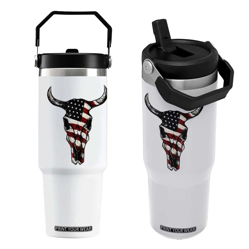 Vintage Western Cow Skull Usa Flag Flip Straw Tumbler Patriotic American Pride