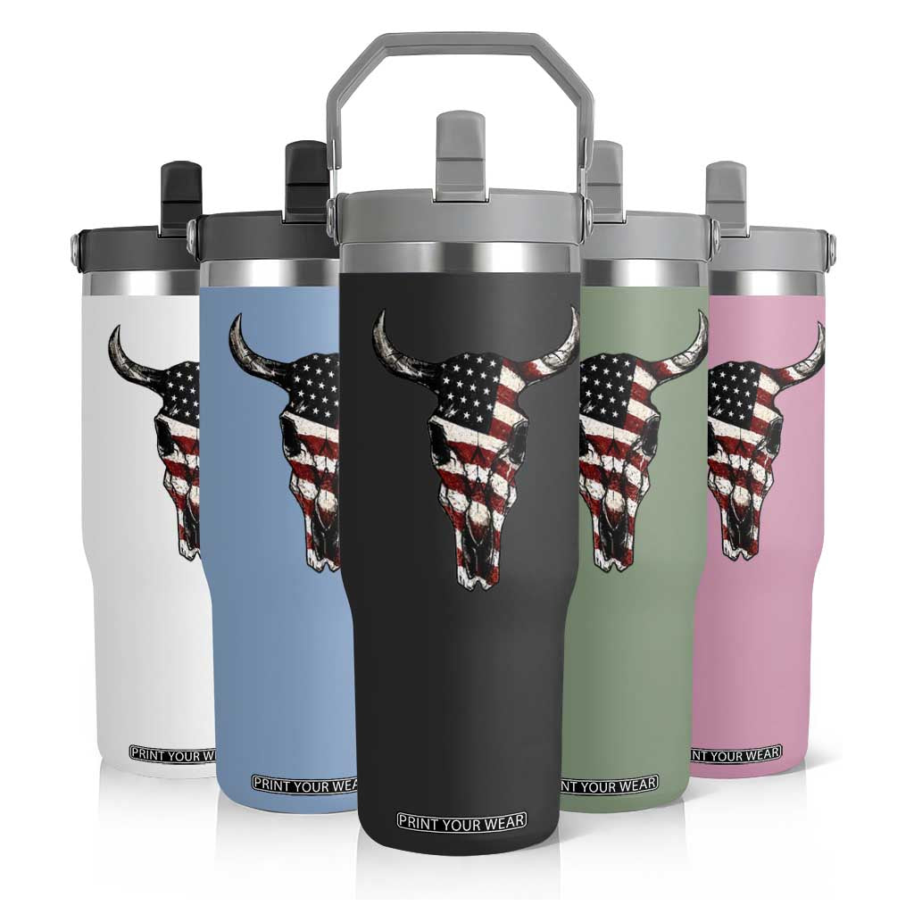 Vintage Western Cow Skull Usa Flag Flip Straw Tumbler Patriotic American Pride