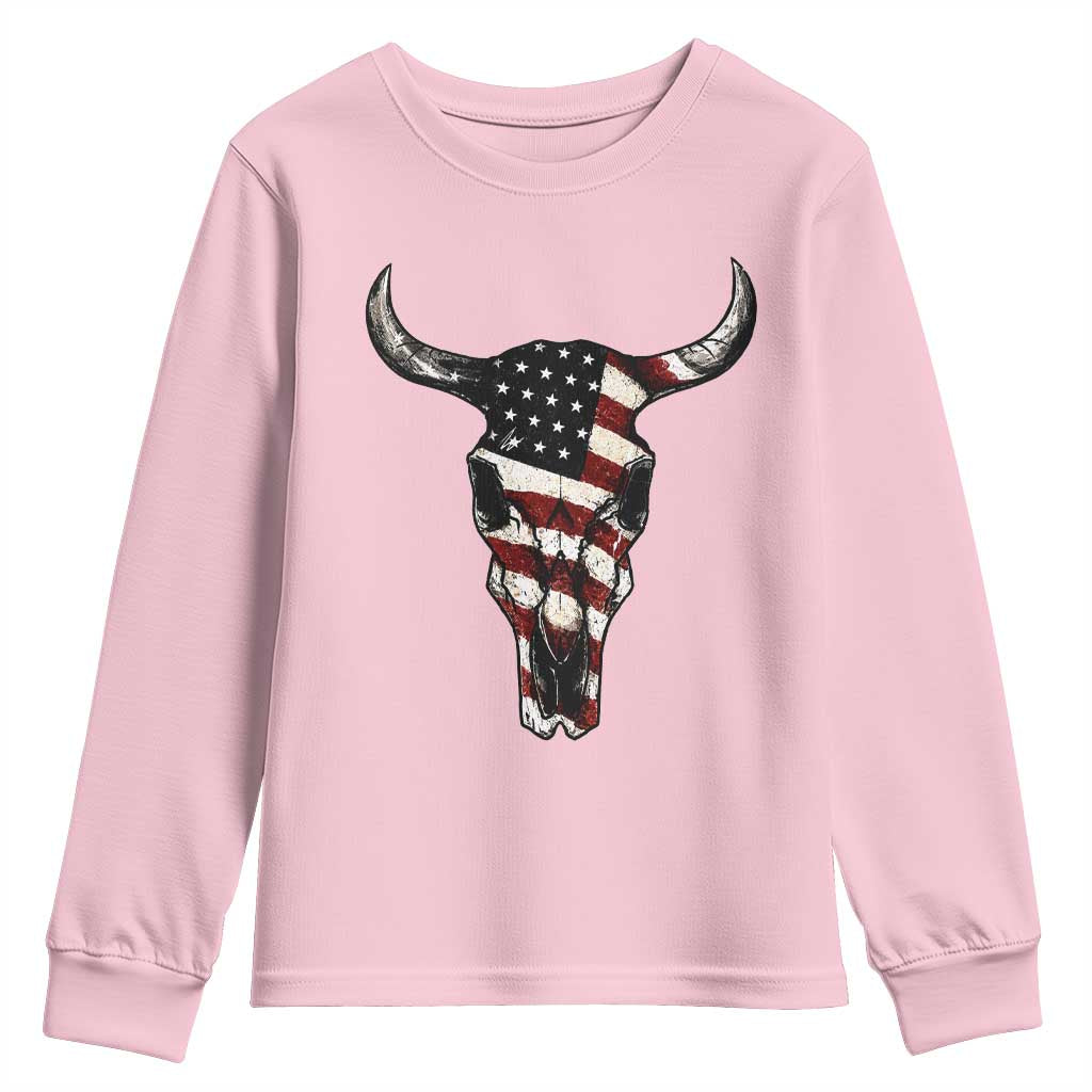 Vintage Western Cow Skull Usa Flag Youth Sweatshirt Patriotic American Pride