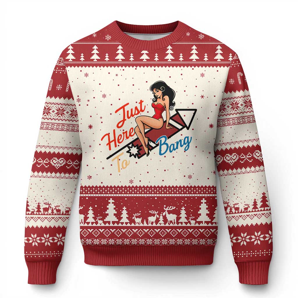 Funny Patriotic Pin Up Girl Firework USA Gift Ugly Christmas Sweater Just Here To Bang