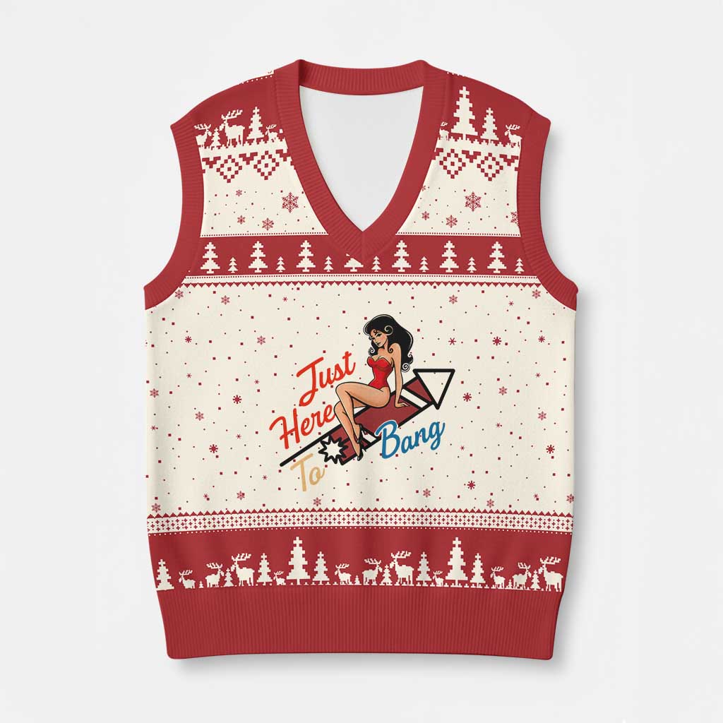 Funny Patriotic Pin Up Girl Firework USA Gift V-Neck Knit Sweater Vest Just Here To Bang TS12 Beige Red Print Your Wear