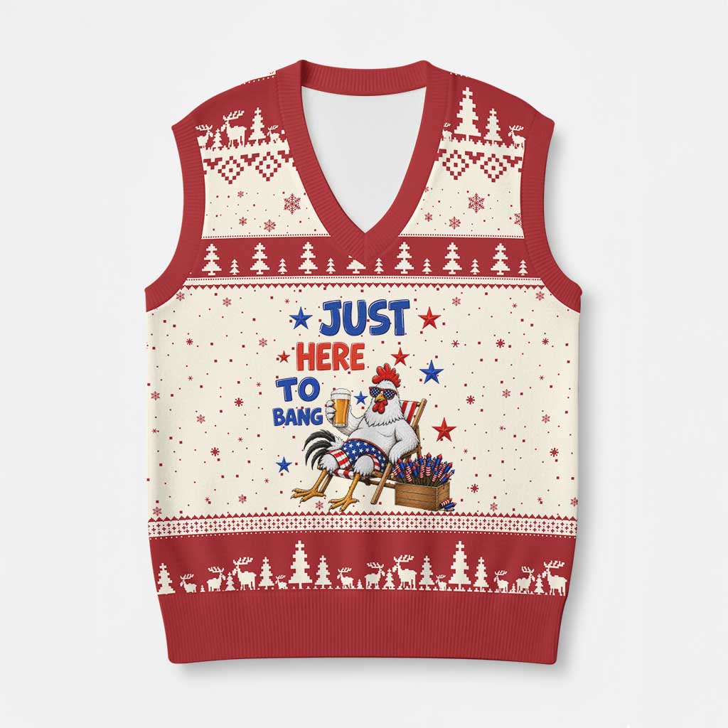 Funny Chicken 4th Of July Celebration V-Neck Knit Sweater Vest Just Here To Bang TS12 Beige Red Print Your Wear