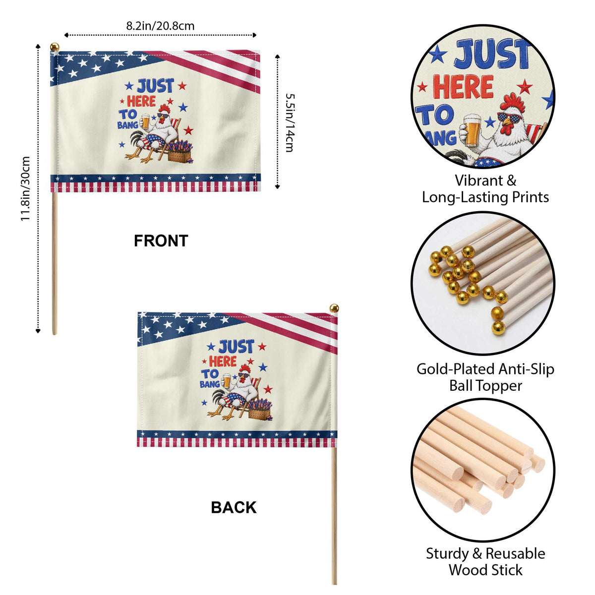 Funny Chicken 4th Of July Celebration Patriotic Handheld Flag Just Here To Bang TS12 Print Your Wear