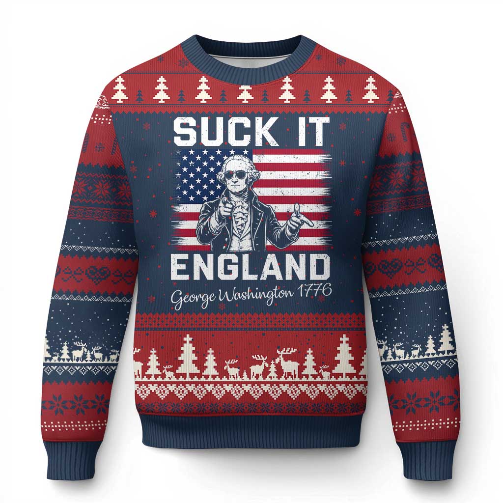 Funny 4th Of July George Washington Ugly Christmas Sweater Suck It England