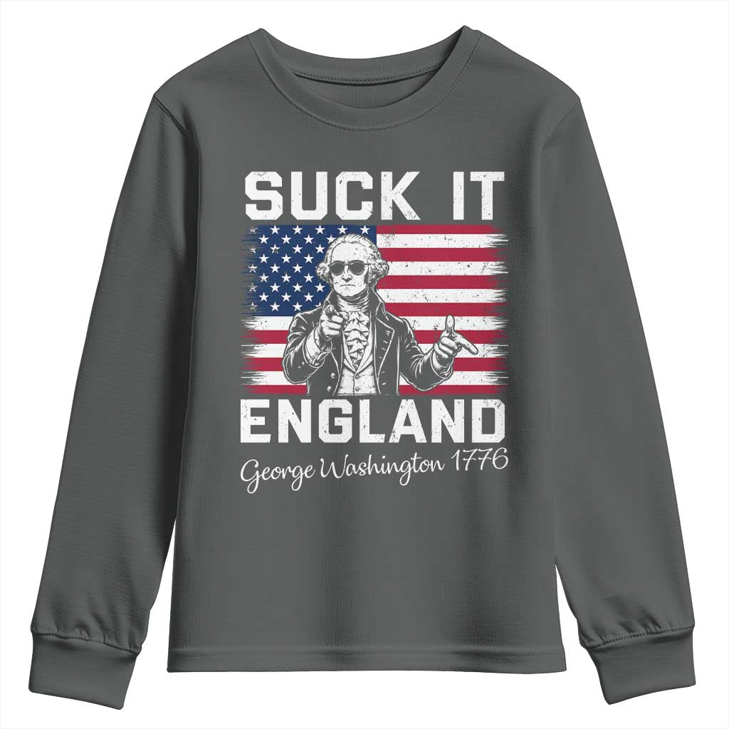 Funny 4th Of July George Washington Youth Sweatshirt Suck It England TS12 Dark Heather Print Your Wear