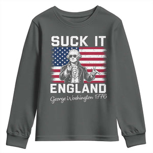 Funny 4th Of July George Washington Youth Sweatshirt Suck It England TS12 Dark Heather Print Your Wear