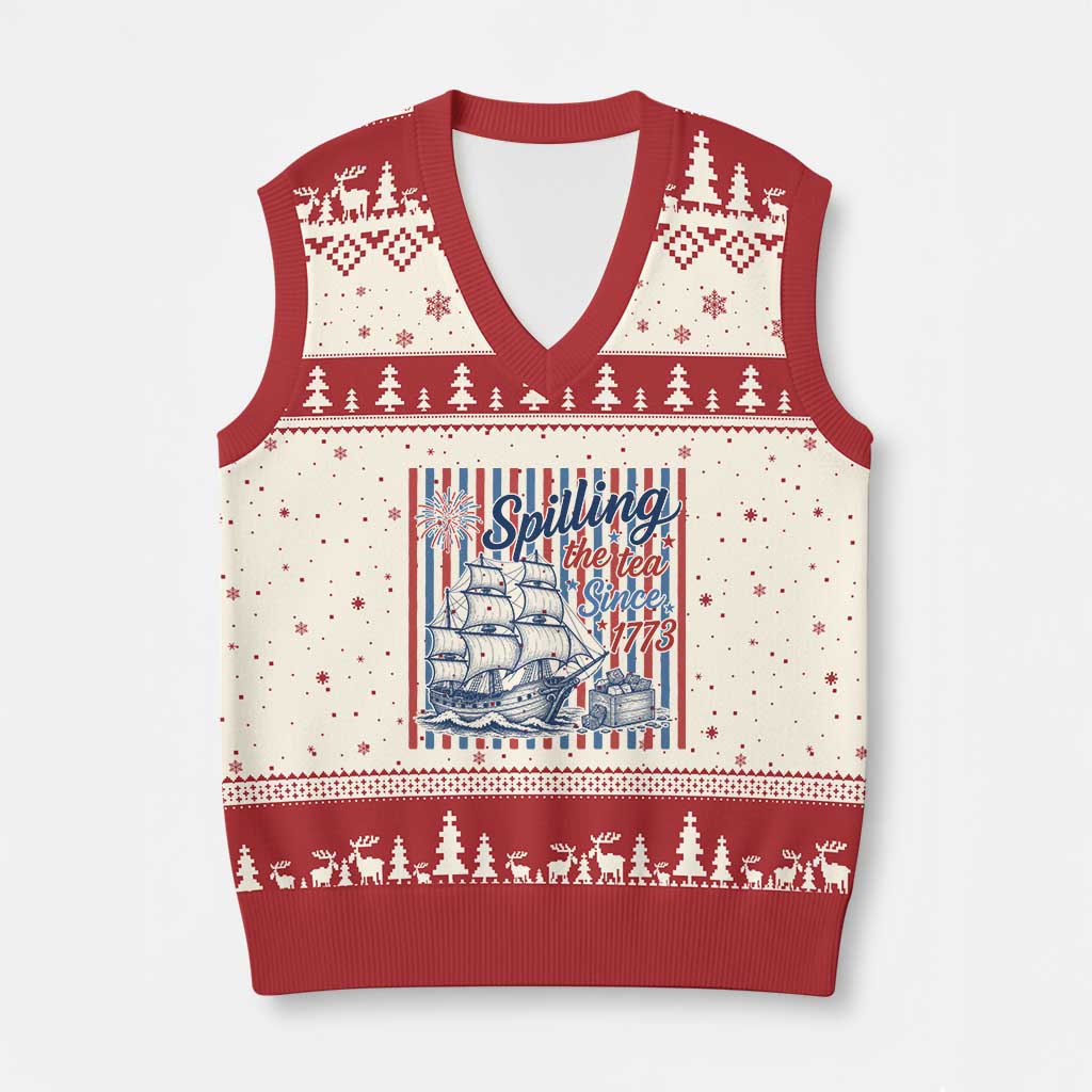 Spilling The Tea Since 1773 V-Neck Knit Sweater Vest Boston Tea Party USA History Humor TS12 Beige Red Print Your Wear