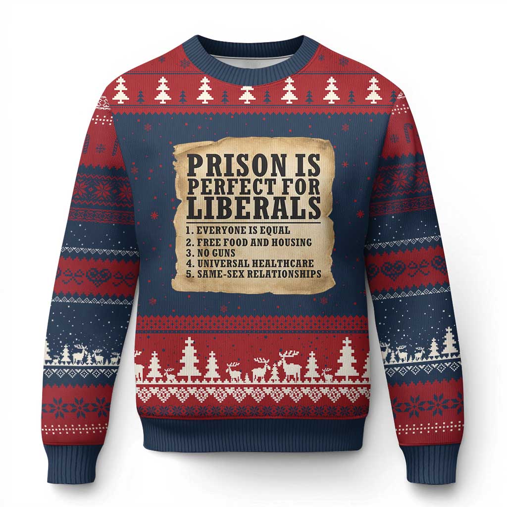 Vintage Prison Is Perfect For Liberals Ugly Christmas Sweater Funny Political Graphic TS12 Navy Red Print Your Wear