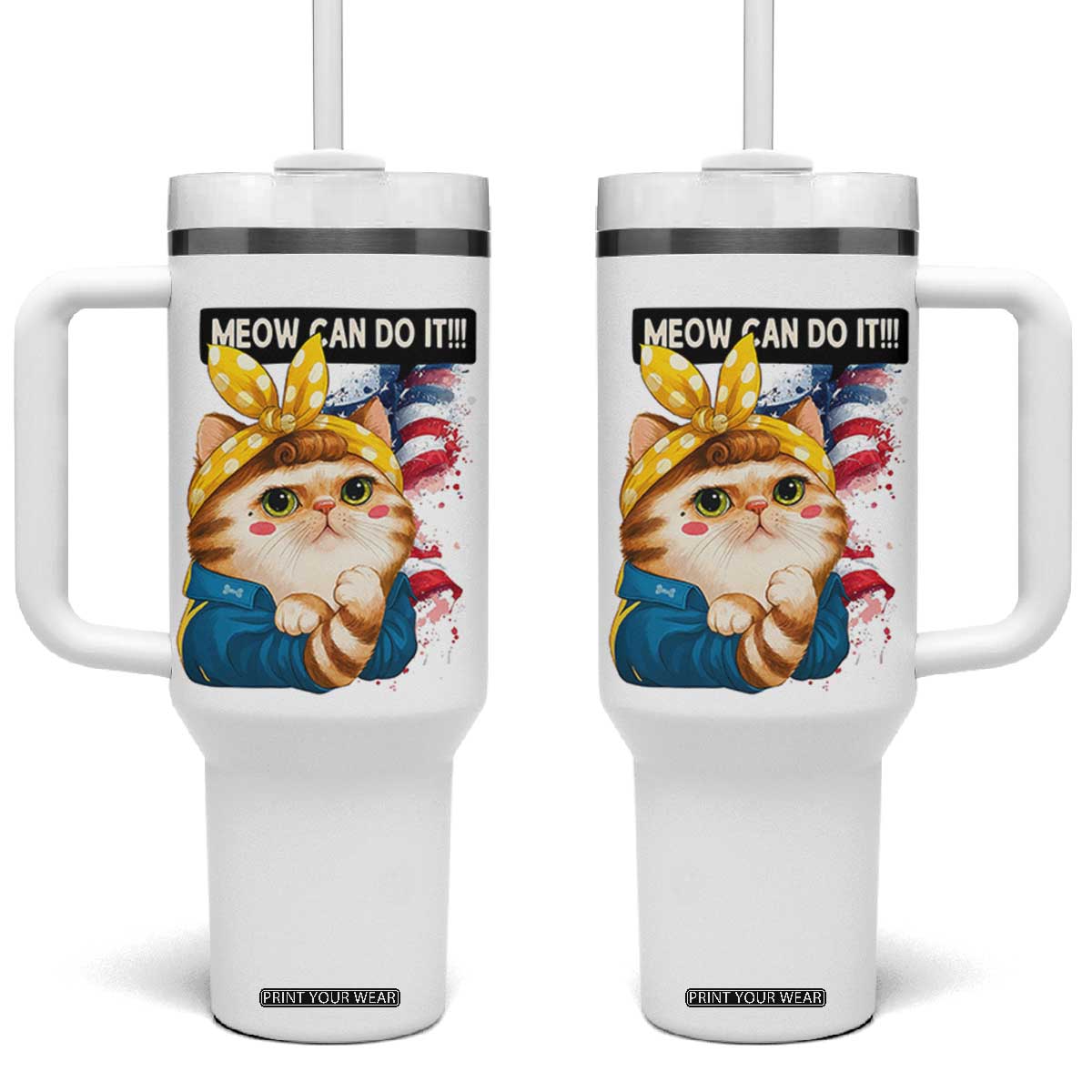 Meow Can Do It Tumbler With Handle Funny Feminist Cat Lover Gift TS12 One Size: 40 oz White Print Your Wear