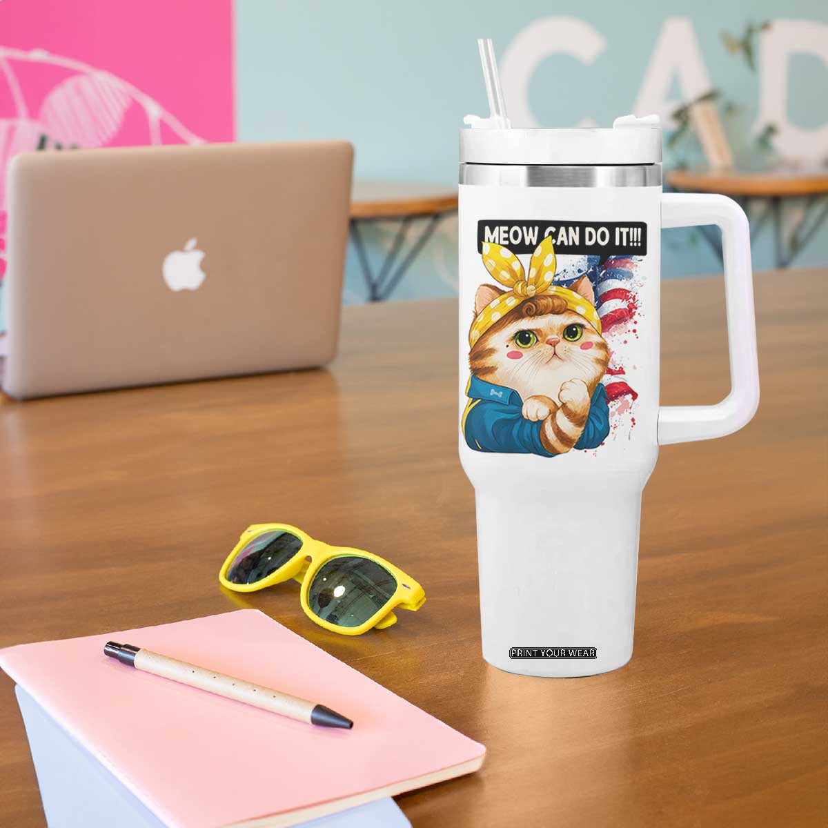 Meow Can Do It Tumbler With Handle Funny Feminist Cat Lover Gift TS12 Print Your Wear