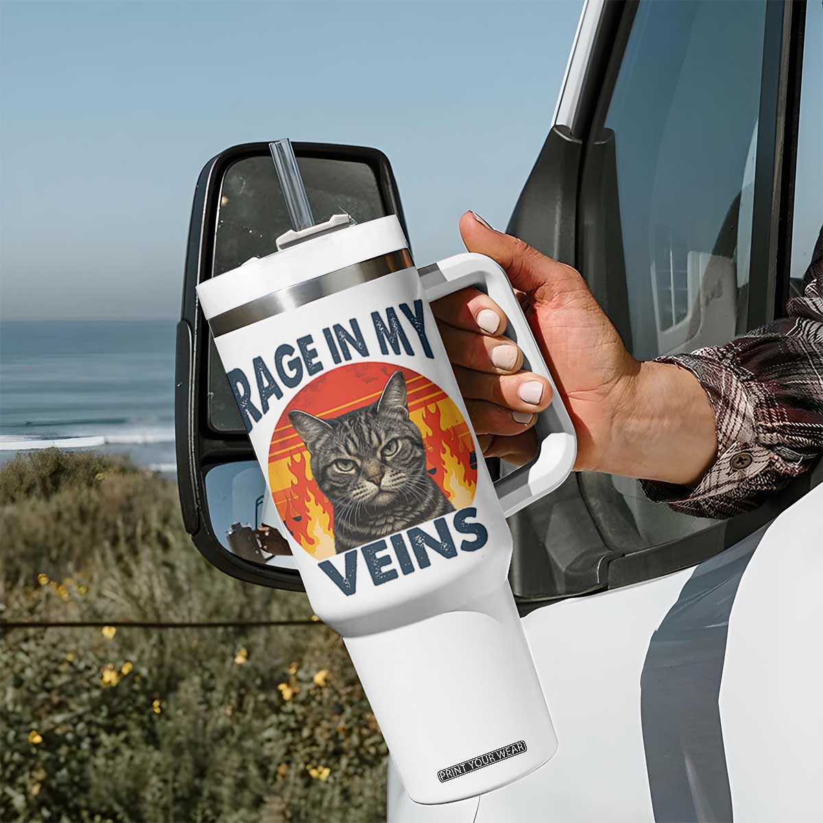 Cat Meme Tumbler With Handle Funny Rage In My Veins Sarcastic Animal Humor TS12 Print Your Wear