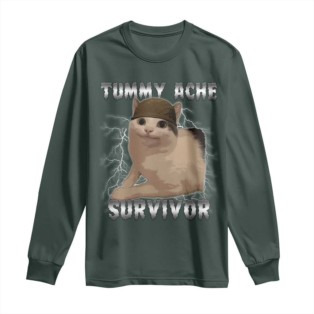 Tummy Ache Survivor Long Sleeve Shirt Cat Meme Humor Gift TS12 Dark Forest Green Print Your Wear