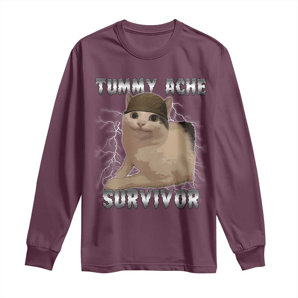 Tummy Ache Survivor Long Sleeve Shirt Cat Meme Humor Gift TS12 Maroon Print Your Wear