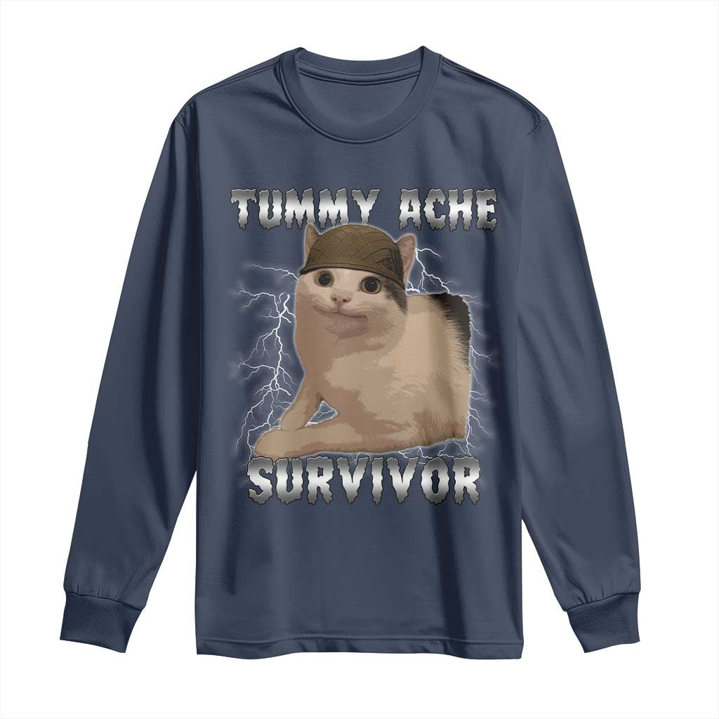Tummy Ache Survivor Long Sleeve Shirt Cat Meme Humor Gift TS12 Navy Print Your Wear