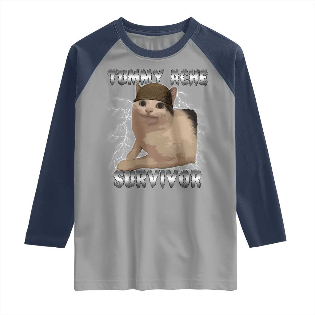 Tummy Ache Survivor Raglan Shirt Cat Meme Humor Gift TS12 Sport Gray Navy Print Your Wear