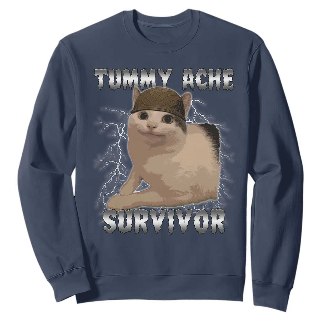 Tummy Ache Survivor Sweatshirt Cat Meme Humor Gift TS12 Navy Print Your Wear