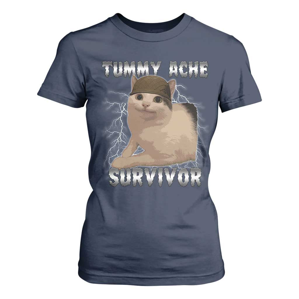 Tummy Ache Survivor T Shirt For Women Cat Meme Humor Gift TS12 Navy Print Your Wear