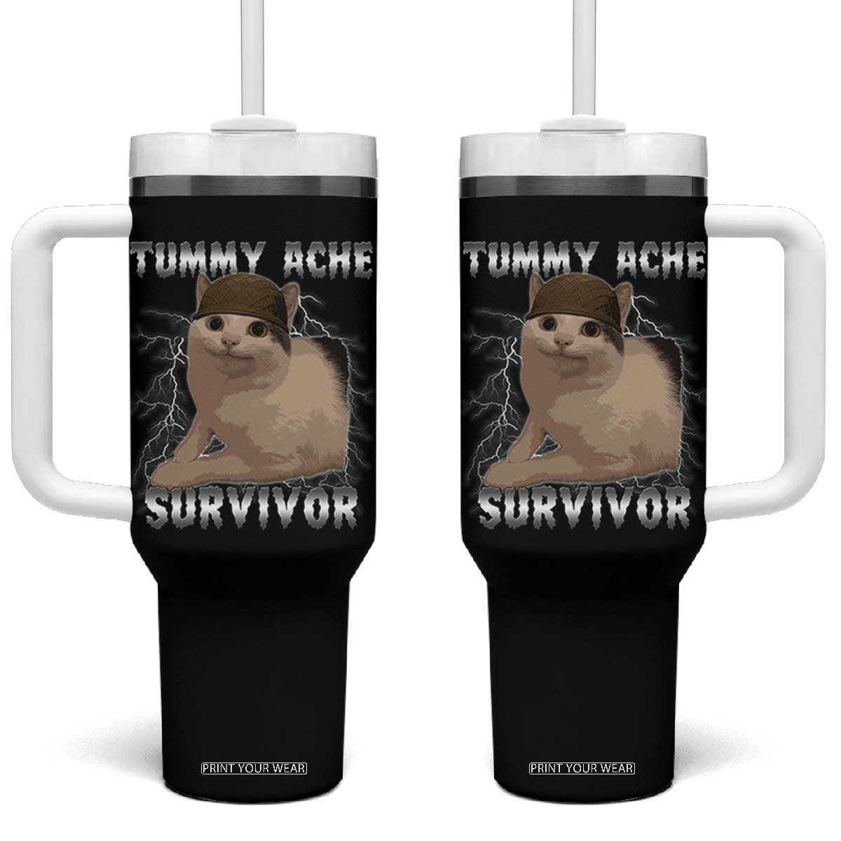 Tummy Ache Survivor Tumbler With Handle Cat Meme Humor Gift TS12 One Size: 40 oz Black Print Your Wear
