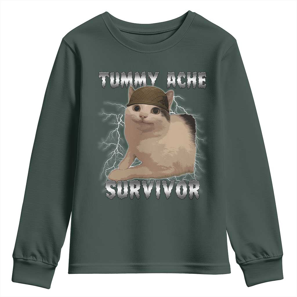 Tummy Ache Survivor Youth Sweatshirt Cat Meme Humor Gift TS12 Dark Forest Green Print Your Wear