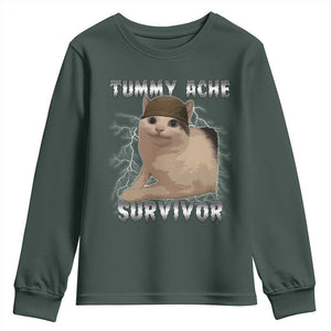 Tummy Ache Survivor Youth Sweatshirt Cat Meme Humor Gift TS12 Dark Forest Green Print Your Wear