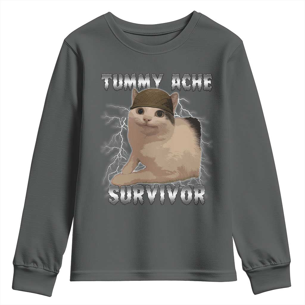 Tummy Ache Survivor Youth Sweatshirt Cat Meme Humor Gift TS12 Dark Heather Print Your Wear