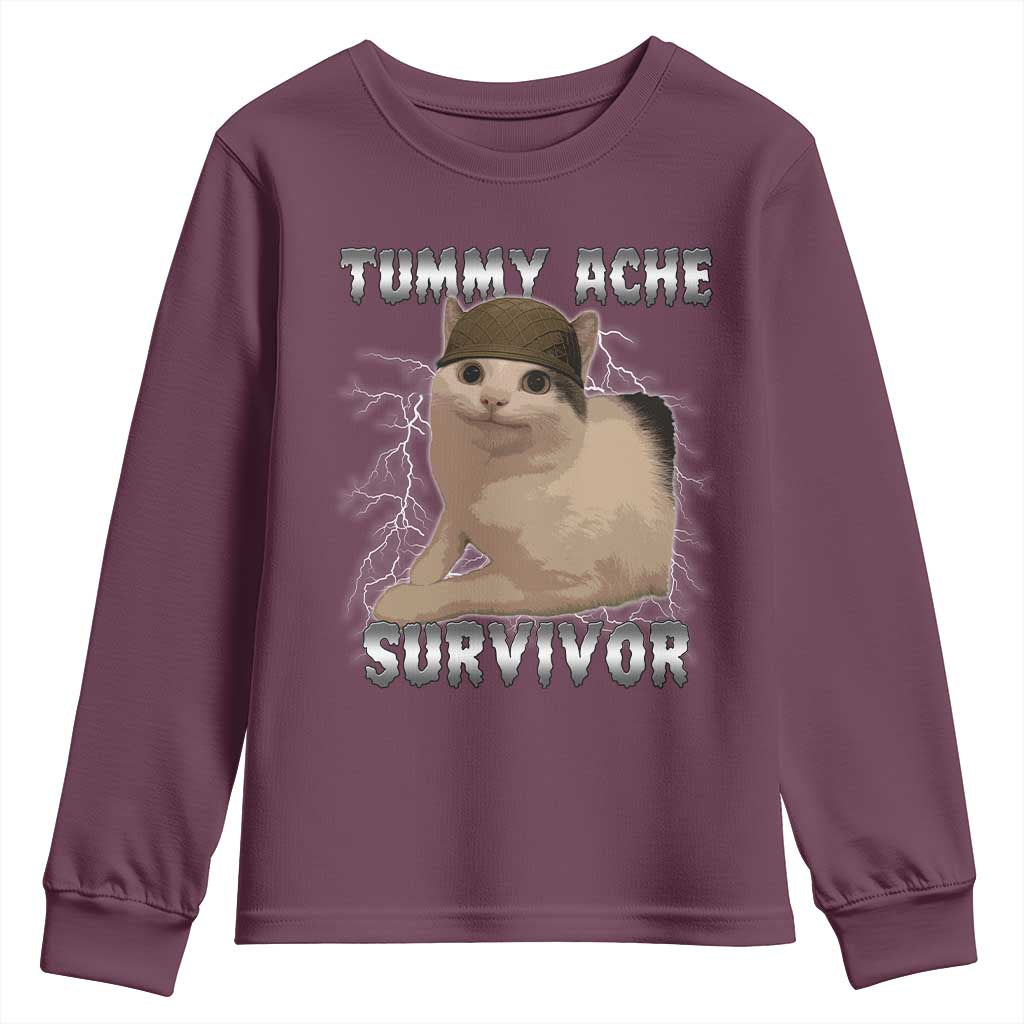 Tummy Ache Survivor Youth Sweatshirt Cat Meme Humor Gift TS12 Maroon Print Your Wear