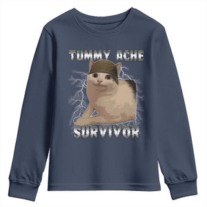 Tummy Ache Survivor Youth Sweatshirt Cat Meme Humor Gift TS12 Navy Print Your Wear