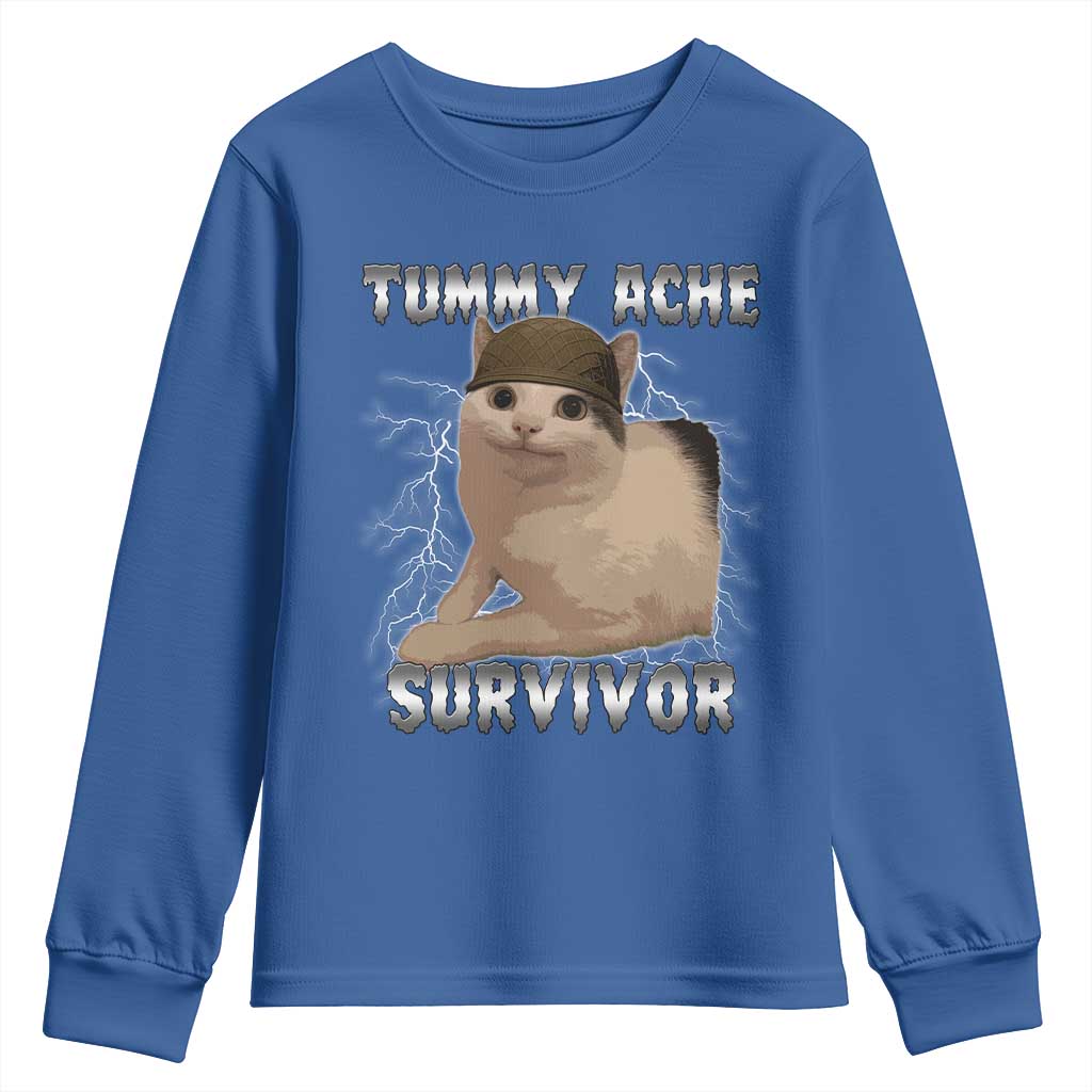 Tummy Ache Survivor Youth Sweatshirt Cat Meme Humor Gift TS12 Royal Blue Print Your Wear