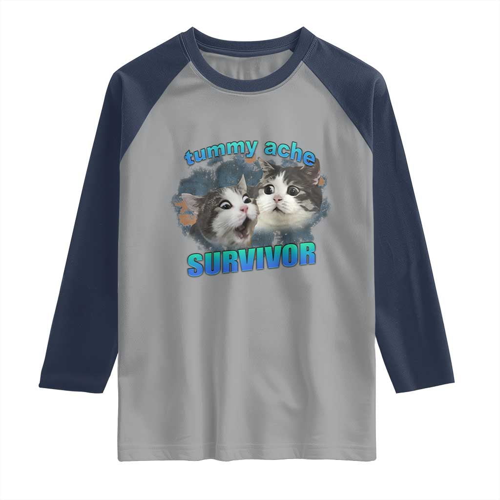 Tummy Ache Survivor Raglan Shirt Funny Cat Meme For Cat Lover TS12 Sport Gray Navy Print Your Wear