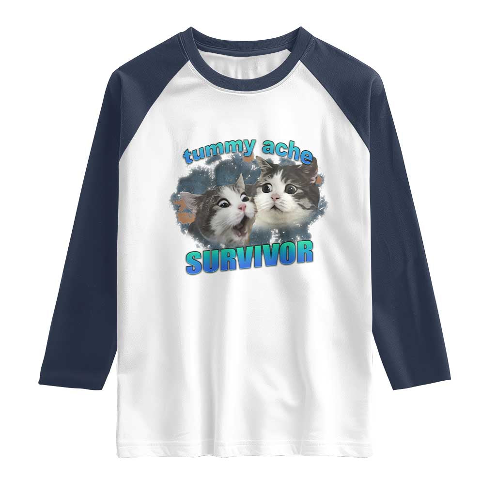 Tummy Ache Survivor Raglan Shirt Funny Cat Meme For Cat Lover TS12 White Navy Print Your Wear